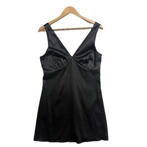 ROW A Women's Large Black Satin Slip Dress Sleeveless V-Neck Stretch Y2K